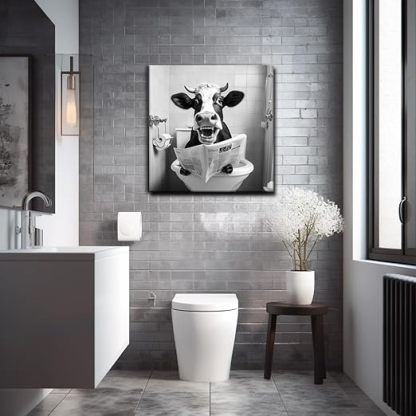 Qingquyy Black and White Cute Cow Wall Art - Abstract Lovely Animals Watching Newspaper in Bathroom Wall Decoration Modern artwork 12x12 inches Framed Painting Canvas Wall Art Print Poster For Restroom WC