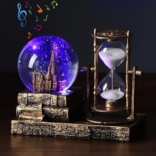 LED Music Crystal Snow Globe with Hourglass Timer Home Decoration for Living Room Bedroom Book Shelf TV Cabinet Desktop Decor Statue Figurine Table Centerpieces Ornaments
