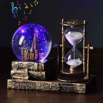 LED Music Crystal Snow Globe with Hourglass Timer Home Decoration for Living Room Bedroom Book Shelf TV Cabinet Desktop Decor Statue Figurine Table Centerpieces Ornaments