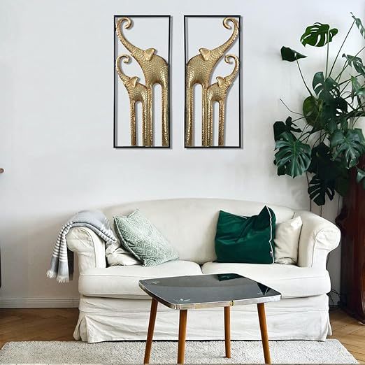 Set of 2 Elephant Wall Decor, African Wall Decor, Gold Elephant Wall Art, Animal Decorations for Living Room, Modern Metal Decor