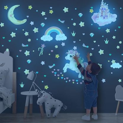 Glow in The Dark Stars and Unicorn Wall Decals, Glowing Castle Moon and Rainbow Stickers, 174 pcs Luminous Ceiling Decor for Kids Bedroom, Decoration for Girls and Boys Room