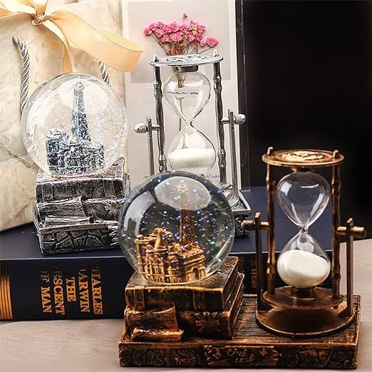LED Music Crystal Snow Globe with Hourglass Timer Home Decoration for Living Room Bedroom Book Shelf TV Cabinet Desktop Decor Statue Figurine Table Centerpieces Ornaments