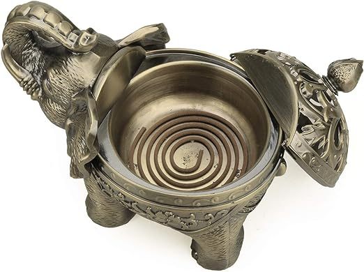 Qingquyy Metal Backflow Incense Holder Elephant Cone Coil Incense Burner Ash Catcher with Lid, Aromatherapy Ornament Home Office Decoration for Indoor Outdoor (Bronze)
