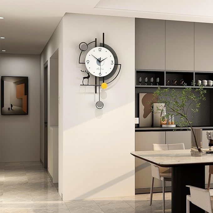 Large Wall Clocks for Living Room Decor Modern Pendulum Wall Clock Silent Quartz Battery Operated Non-Ticking for Bedroom Kitchen Office 24inch Black Metal Deer Clock Wall Decor for Home Indoor