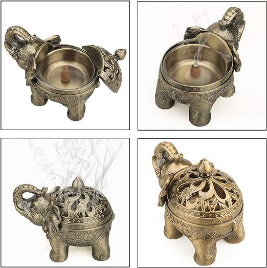Qingquyy Metal Backflow Incense Holder Elephant Cone Coil Incense Burner Ash Catcher with Lid, Aromatherapy Ornament Home Office Decoration for Indoor Outdoor (Bronze)