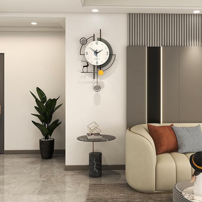 Large Wall Clocks for Living Room Decor Modern Pendulum Wall Clock Silent Quartz Battery Operated Non-Ticking for Bedroom Kitchen Office 24inch Black Metal Deer Clock Wall Decor for Home Indoor