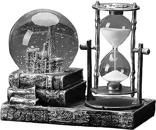 LED Music Crystal Snow Globe with Hourglass Timer Home Decoration for Living Room Bedroom Book Shelf TV Cabinet Desktop Decor Statue Figurine Table Centerpieces Ornaments
