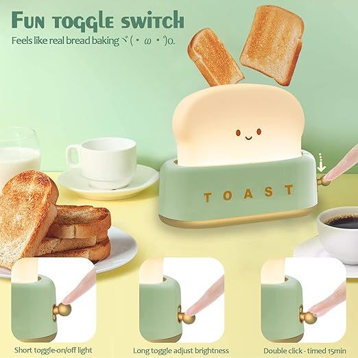 Desk Decor Toaster Lamp, Rechargeable Small Lamp with Smile Face Toast Bread Cute Toaster Shape Room Decor Night Light for Bedroom, Bedside, Living Room, Dining, Desk Decorations, Gift