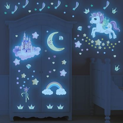 Glow in The Dark Stars and Unicorn Wall Decals, Glowing Castle Moon and Rainbow Stickers, 174 pcs Luminous Ceiling Decor for Kids Bedroom, Decoration for Girls and Boys Room
