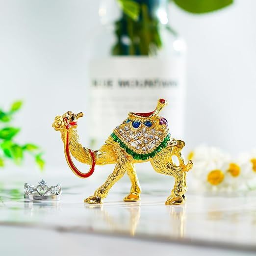 Crystal Camel Figurines Decor Ornament,Golden Enamel Camel Statues Animal Trinket Jewelry Box Hinged