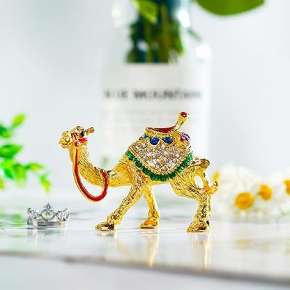 Crystal Camel Figurines Decor Ornament,Golden Enamel Camel Statues Animal Trinket Jewelry Box Hinged