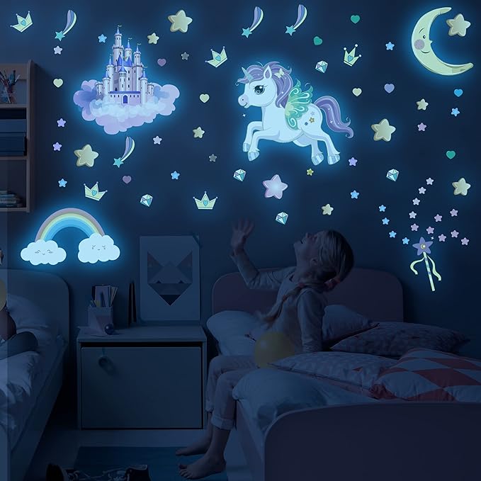 Glow in The Dark Stars and Unicorn Wall Decals, Glowing Castle Moon and Rainbow Stickers, 174 pcs Luminous Ceiling Decor for Kids Bedroom, Decoration for Girls and Boys Room