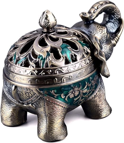Qingquyy Metal Backflow Incense Holder Elephant Cone Coil Incense Burner Ash Catcher with Lid, Aromatherapy Ornament Home Office Decoration for Indoor Outdoor (Bronze)