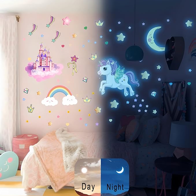 Glow in The Dark Stars and Unicorn Wall Decals, Glowing Castle Moon and Rainbow Stickers, 174 pcs Luminous Ceiling Decor for Kids Bedroom, Decoration for Girls and Boys Room
