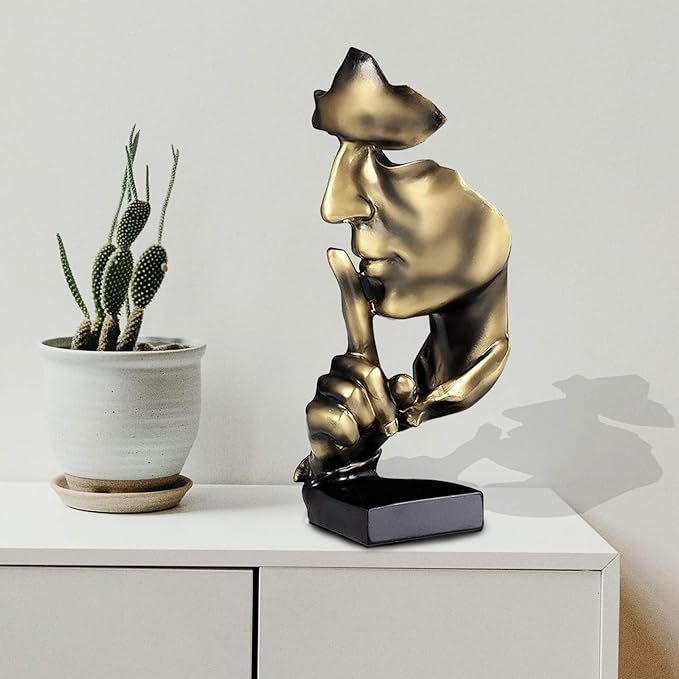 Qingquyy Thinker Statue, Silence is Gold Abstract Art Figurine, Modern Home Resin Sculptures Decorative Objects Piano Desktop Decor for Creative Room Home, Office Study Decor