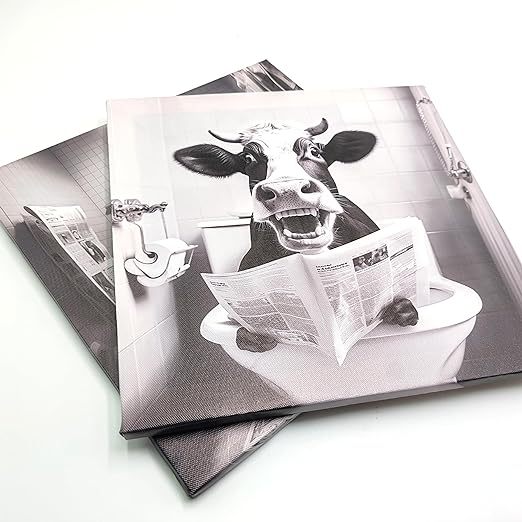 Qingquyy Black and White Cute Cow Wall Art - Abstract Lovely Animals Watching Newspaper in Bathroom Wall Decoration Modern artwork 12x12 inches Framed Painting Canvas Wall Art Print Poster For Restroom WC