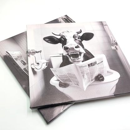 Qingquyy Black and White Cute Cow Wall Art - Abstract Lovely Animals Watching Newspaper in Bathroom Wall Decoration Modern artwork 12x12 inches Framed Painting Canvas Wall Art Print Poster For Restroom WC