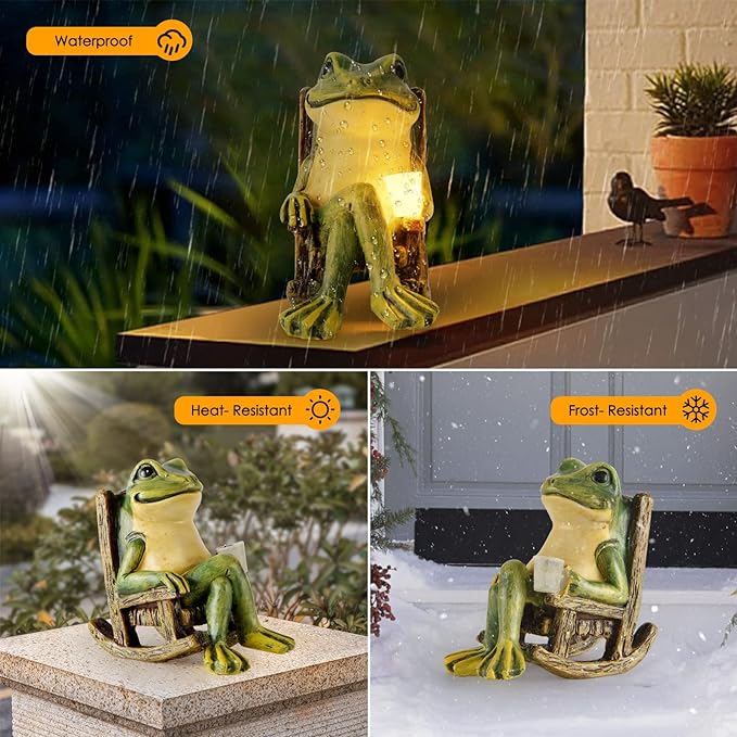 Miniature Frog Garden Statue Summer Home Decor Fairy Garden Accessories Outdoor Indoor Solar Garden Frog Decor Art Housewarming Gift for Patio, Yard, Lawn Ornament,3.89"x2.36"x3.93"