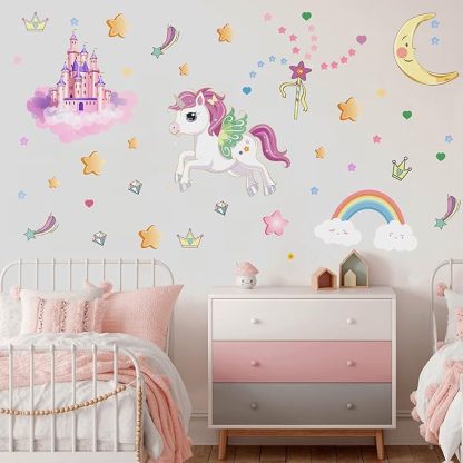 Glow in The Dark Stars and Unicorn Wall Decals, Glowing Castle Moon and Rainbow Stickers, 174 pcs Luminous Ceiling Decor for Kids Bedroom, Decoration for Girls and Boys Room