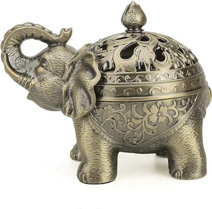 Qingquyy Metal Backflow Incense Holder Elephant Cone Coil Incense Burner Ash Catcher with Lid, Aromatherapy Ornament Home Office Decoration for Indoor Outdoor (Bronze)
