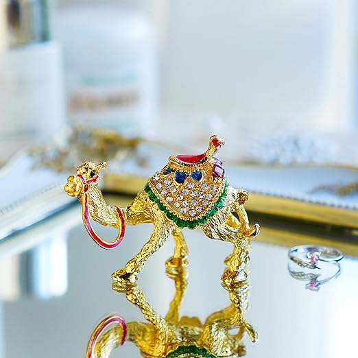 Crystal Camel Figurines Decor Ornament,Golden Enamel Camel Statues Animal Trinket Jewelry Box Hinged