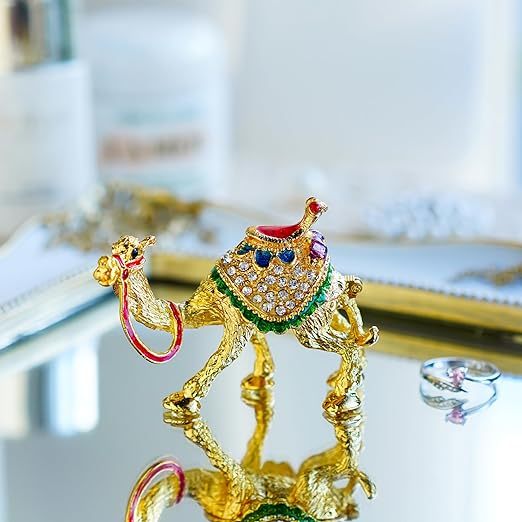 Crystal Camel Figurines Decor Ornament,Golden Enamel Camel Statues Animal Trinket Jewelry Box Hinged