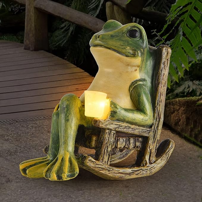 Miniature Frog Garden Statue Summer Home Decor Fairy Garden Accessories Outdoor Indoor Solar Garden Frog Decor Art Housewarming Gift for Patio, Yard, Lawn Ornament,3.89"x2.36"x3.93"