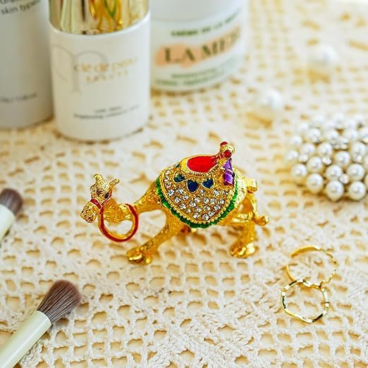 Crystal Camel Figurines Decor Ornament,Golden Enamel Camel Statues Animal Trinket Jewelry Box Hinged