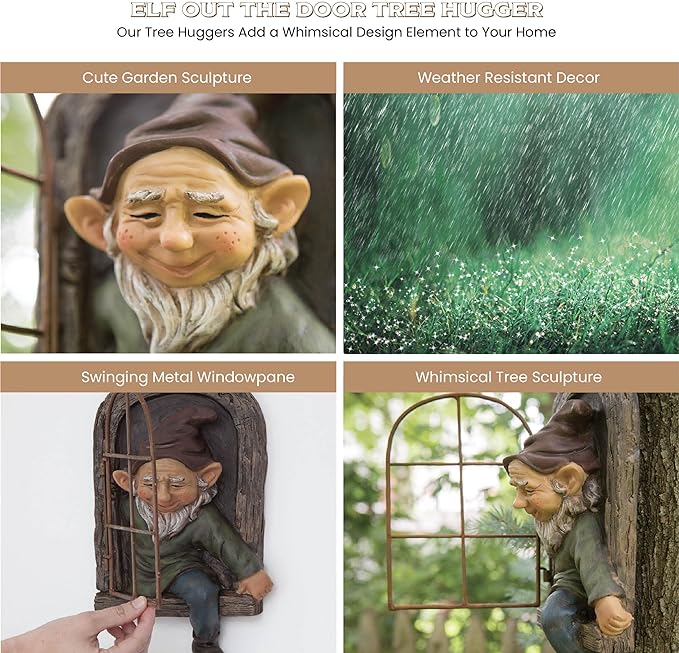 12-inch Elf Out The Door Tree Hugger - Yard Decorations - Whimsical Tree Sculpture - Garden Decoration - Garden Peeker Yard Art