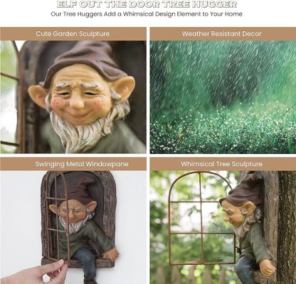 12-inch Elf Out The Door Tree Hugger - Yard Decorations - Whimsical Tree Sculpture - Garden Decoration - Garden Peeker Yard Art