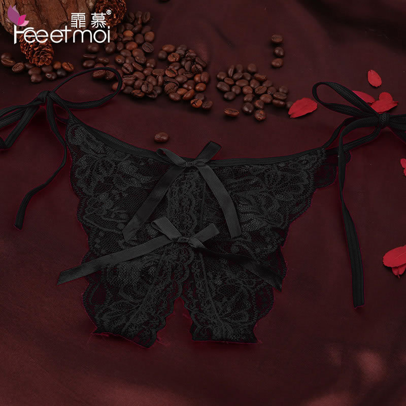 霏慕 性感蕾丝绑带蝴蝶开裆内裤