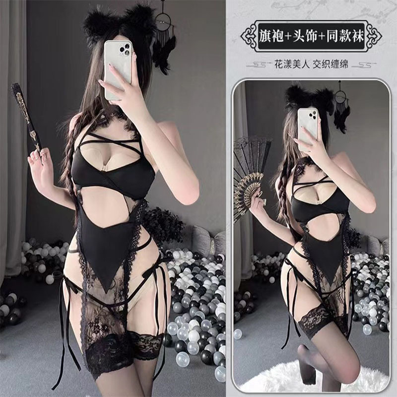 史黛丝 性感蕾丝镂空开叉旗袍裙 酒红/黑美国情趣用品批发零售电话9294108588纽约羞羞情趣用品商城-美国纽约羞羞情趣用品