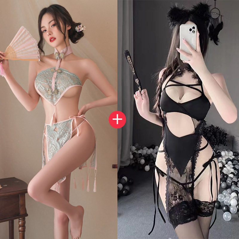 霏慕 蕾丝肚兜流苏复古分片裙 灰绿+粉