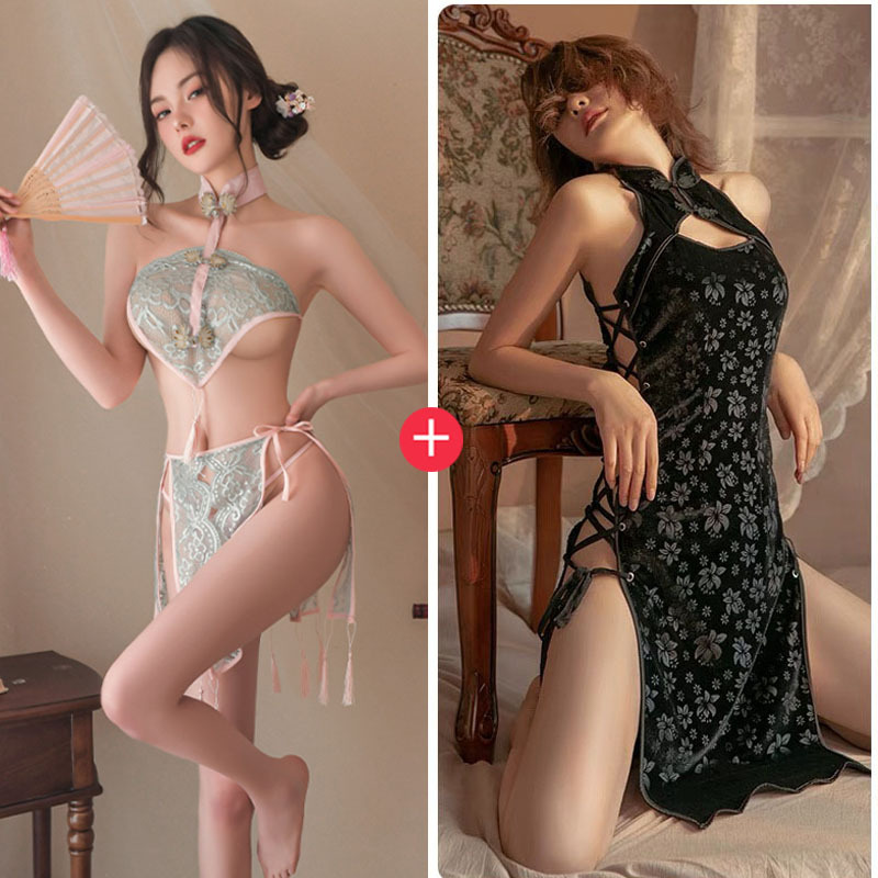 霏慕 蕾丝肚兜流苏复古分片裙 灰绿+粉