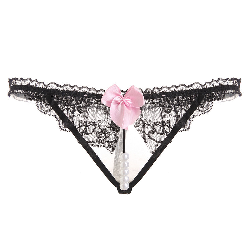 粉色蝴蝶结蕾丝开裆性感珍珠按摩内裤