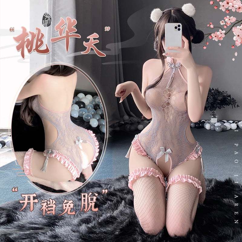 美国成人用品批发零售电话9294108588纽约羞羞情趣用品商城霏慕 盘扣流苏饰网眼开裆套装-美国纽约羞羞情趣用品