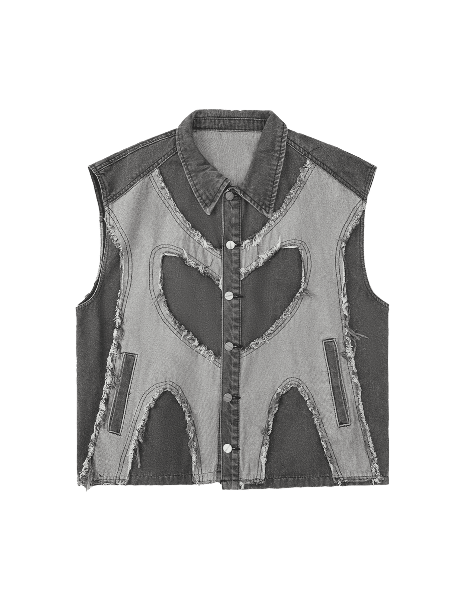 Contrast Denim Heart Stitching Street Rap Vest