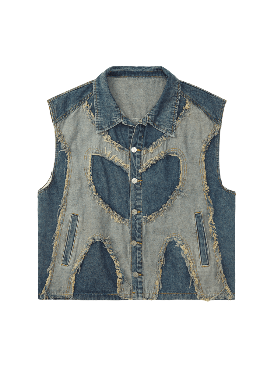 Contrast Denim Heart Stitching Street Rap Vest