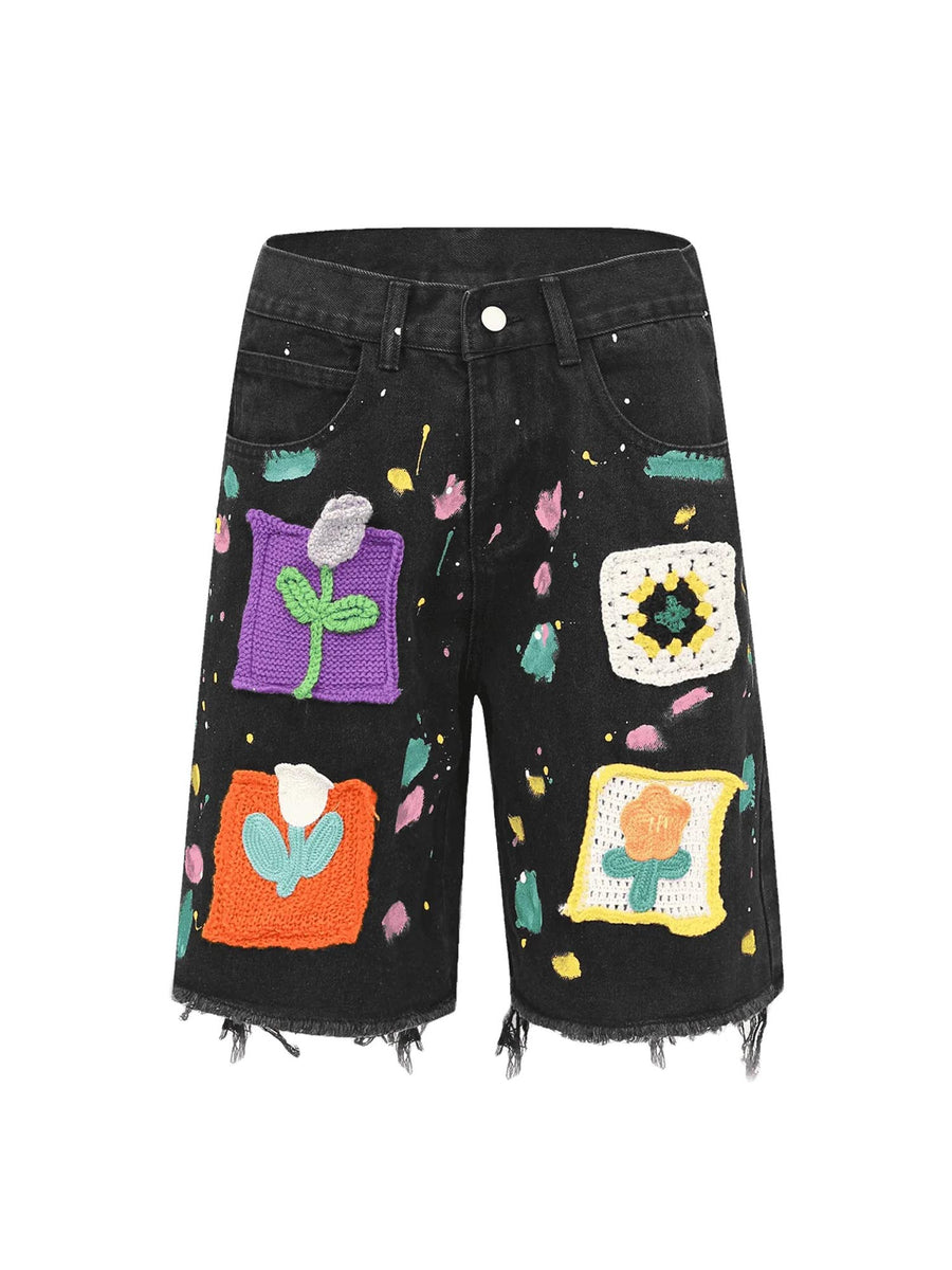 American Street Patch Flower Embroidered Cat Whiskers Denim Shorts