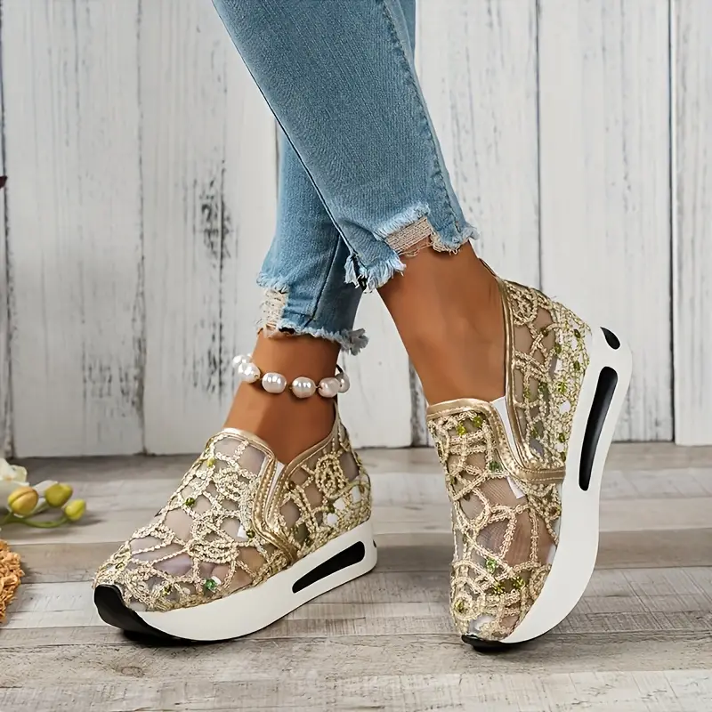 Sapatos corretivos femininos de malha com lantejoulas