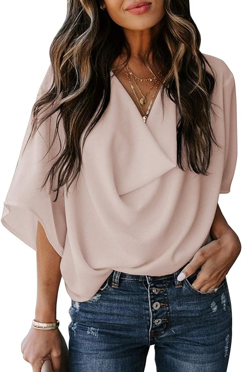 Womens Blouses and Tops for Work Fashion Casual Summer Short Sleeve Wrap V Neck Draped Front Blouses