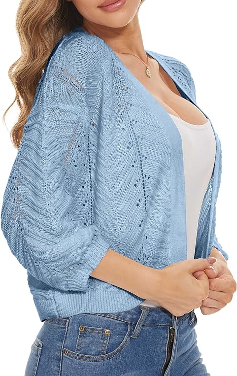 Womens 3/4 Sleeve Soft Crochet Cardigan Batwing Open Front Shrugs Cropped Sweater