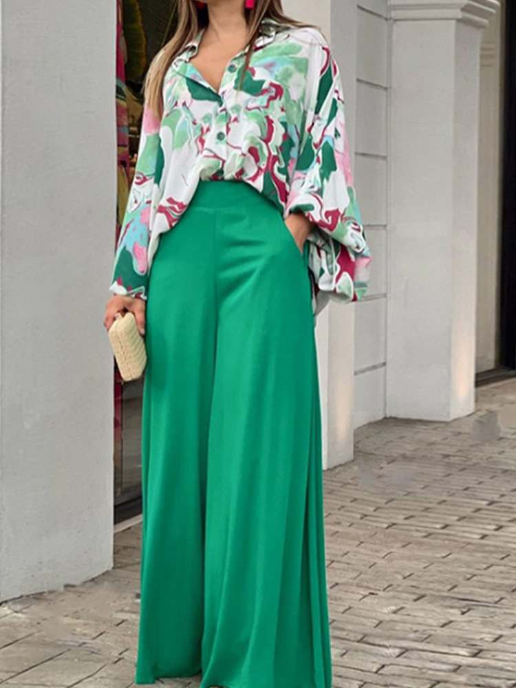 Summer Womens Two Piece Sets Elegant Long Puff Sleeve Shirt Wide Leg Pants Female Suits  Print Loose Casual Trouser Suit