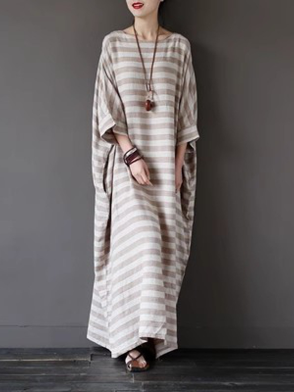 Ethnic Style Loose Striped Five-Sleeve Midi Dress