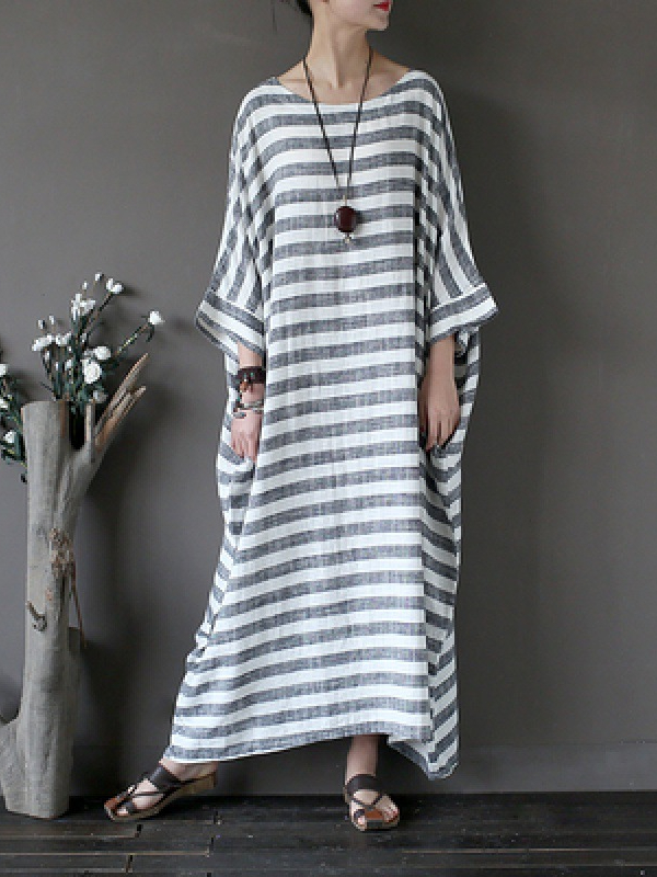 Ethnic Style Loose Striped Five-Sleeve Midi Dress