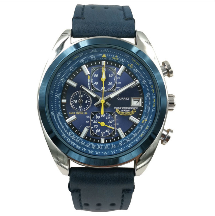 Blue Angel three-eye six-hand light-kinetic energy quartz movement flight watch