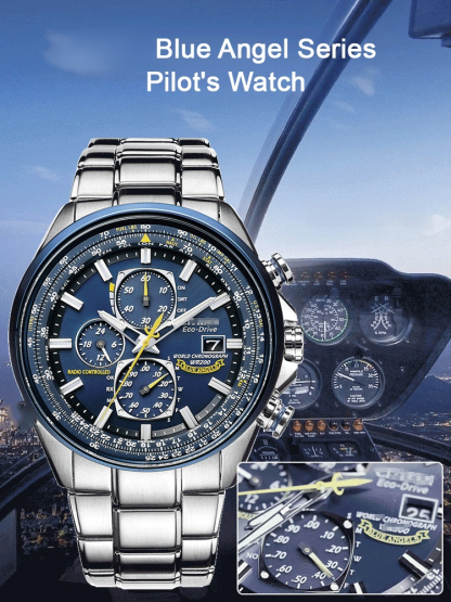 Blue Angel three-eye six-hand light-kinetic energy quartz movement flight watch