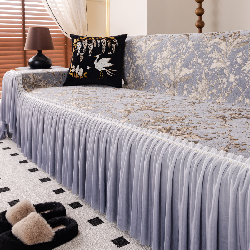 防滑雪尼爾沙發坐墊套罩帶裙邊蓋布