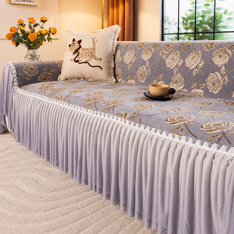 防滑雪尼爾沙發坐墊套罩帶裙邊蓋布