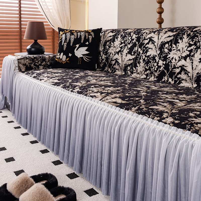 防滑雪尼爾沙發坐墊套罩帶裙邊蓋布